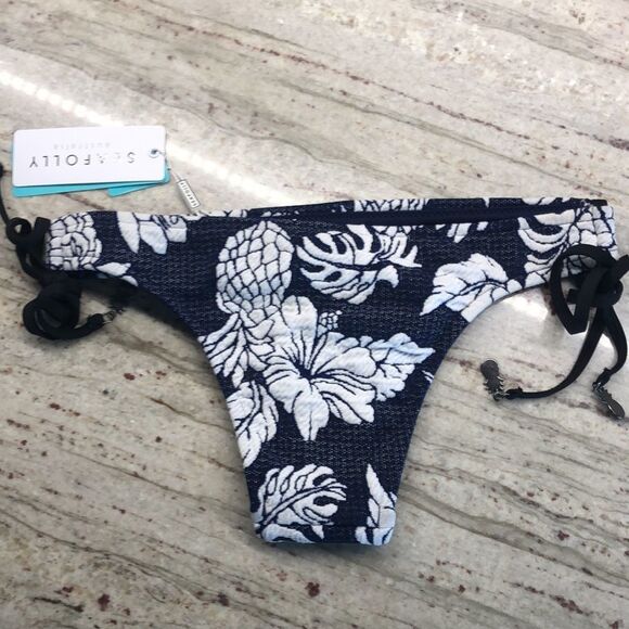 Seafolly Brazilian Loop Side Tie Swim Bikini Bottom Floral/Pineapple Navy/White - Picture 6 of 9
